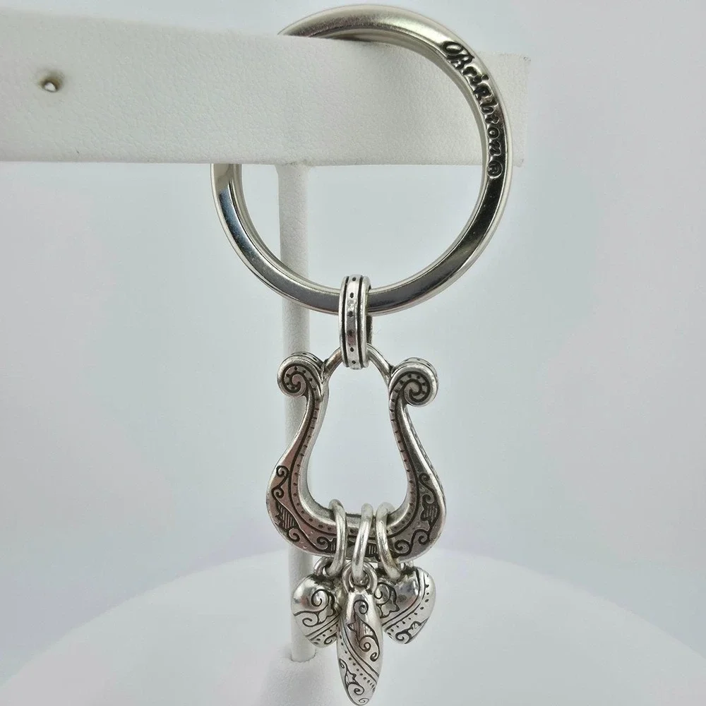 BRIGHTON 'One World' Keychain Bag Charm Harp Heart Scrollwork Silver Plate 3.5